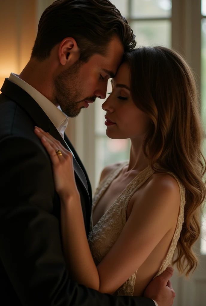 A man similar to karl heisenberg kissing softly a woman similar to donna Beneviento while caressing her bell6. 