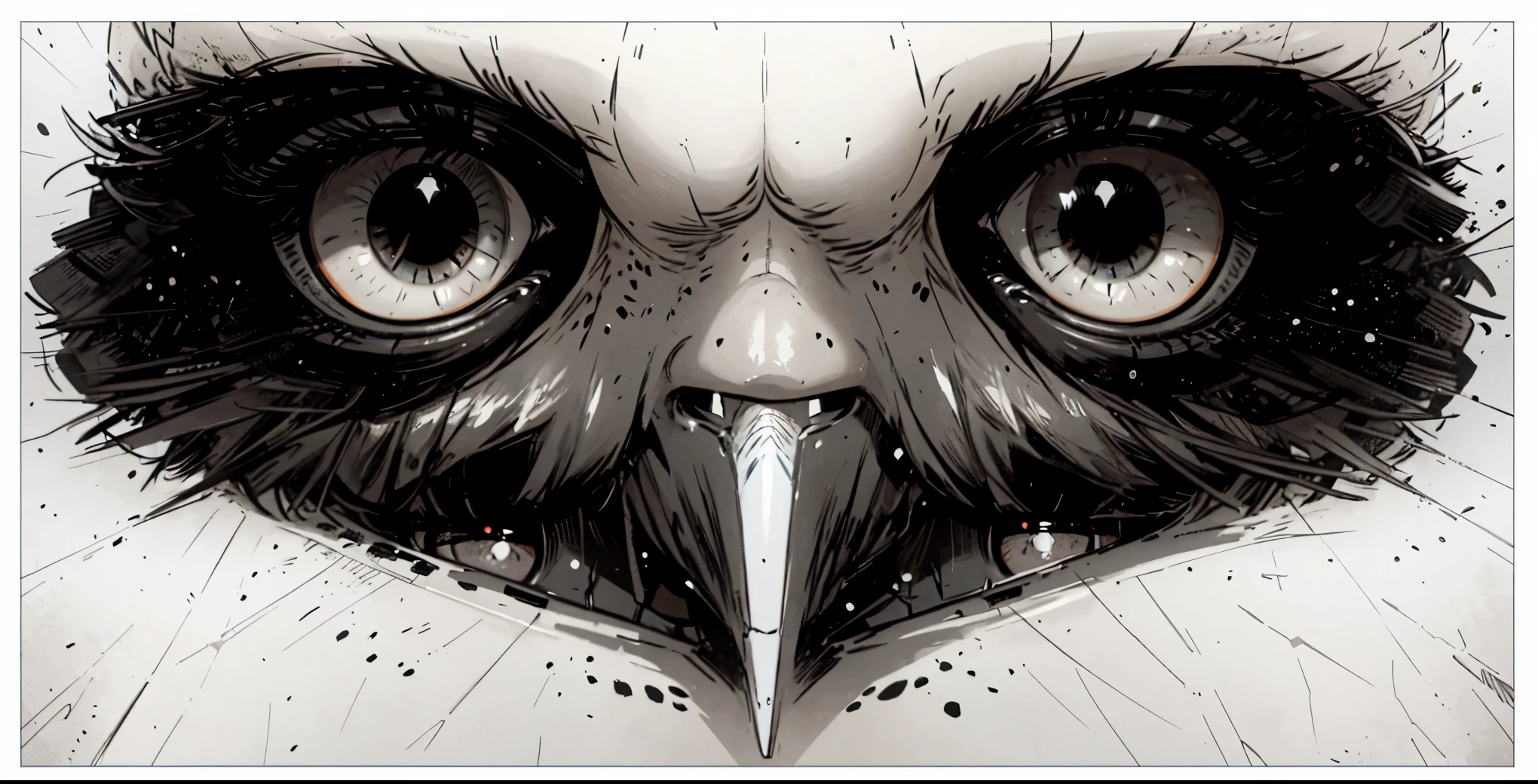 there is a close up of a bird with a very big eye, falcon bird face, very large eyes. symmetry, sparkling bird eyes, intense stare, with symmetrical head and eyes, large dark eyes, intimidating stare, heavy - lidded eyes, symmetric eyes, intelligent eyes. symmetrical, large entirely - black eyes, large entirely-black eyes, 1950s poster style, vector-art(cyberpunk) Flat colors, close up