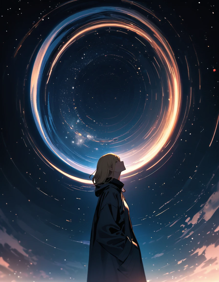 many stars twinkling in a beautiful winter night sky, long exposure of starry sky with many circular orbits, silhouette of a young woman with blond hair, with hands in coat pockets looking up, photo taken from a long distance, photo below
