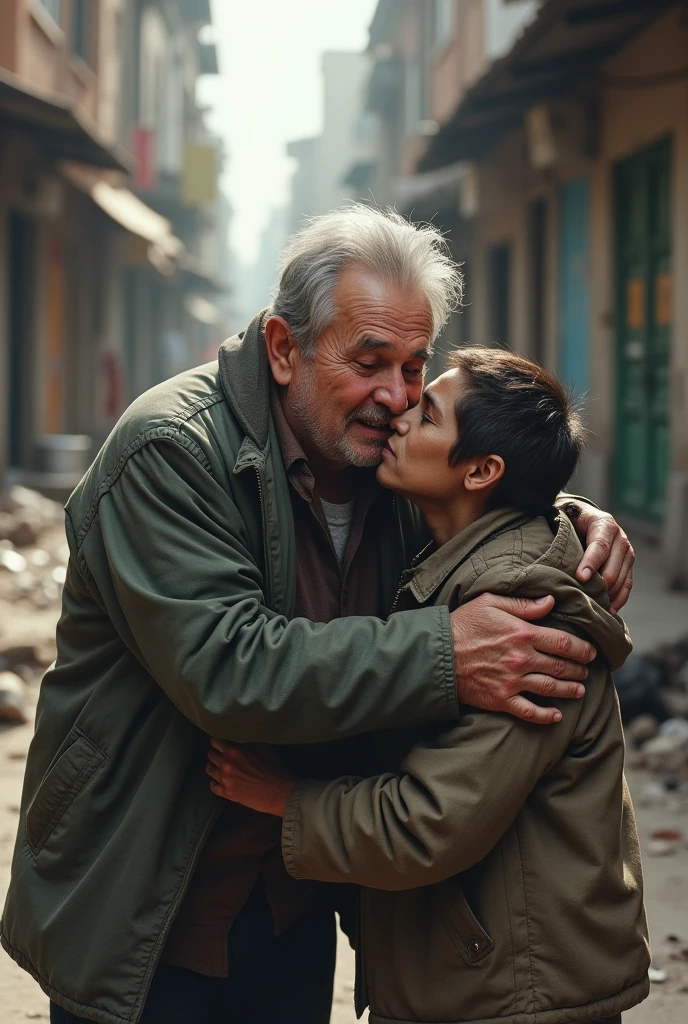 Make a chubby old man kiss a beggar  