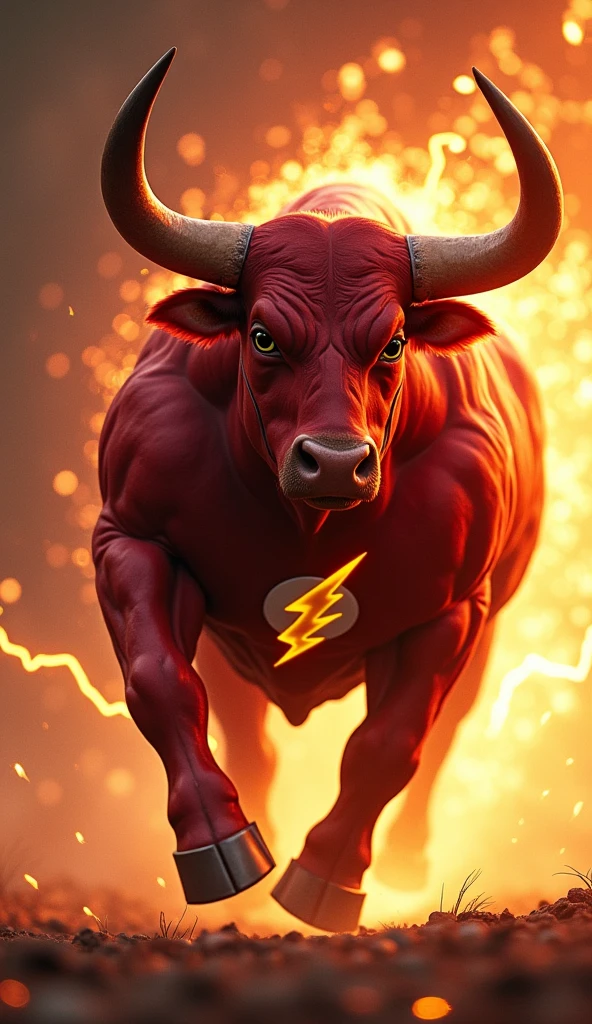 Create an image of a bull transforming into The Flash. The bull's body is covered in The Flash's red suit with the yellow lightning bolt emblem on its chest. The bull’s muscles are sleek, and it is shown running at super speed, leaving a trail of lightning behind. Its horns are aerodynamic, enhancing its speed.