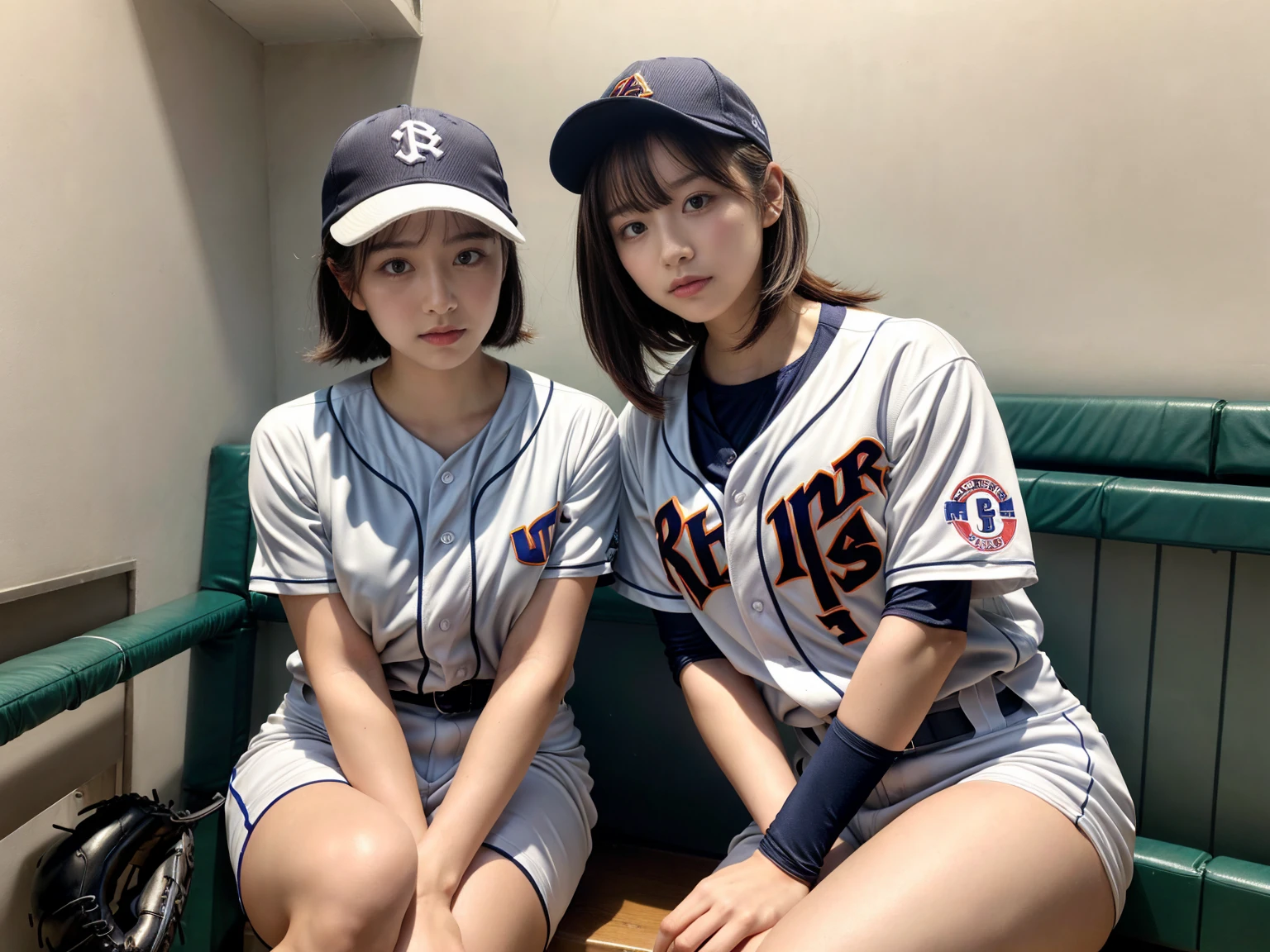 masterpiece, best quality, illustration, Super detailed, fine details, High resolution, 8K,wall paper, perfect dynamic composition,(Details High quality, realistic depiction of eyes:1.3), (2 girls), ((baseball player:1.2)),baseball hat, sitting, open legs, short bob hair, in a hotel room in the background, deep on field, (large breasts), black hair color, Big Natural Color Lip, (perfect body shape), crying a little、Harajuku style、20 year old girl、cute type、beautiful legs, Gravure Idol