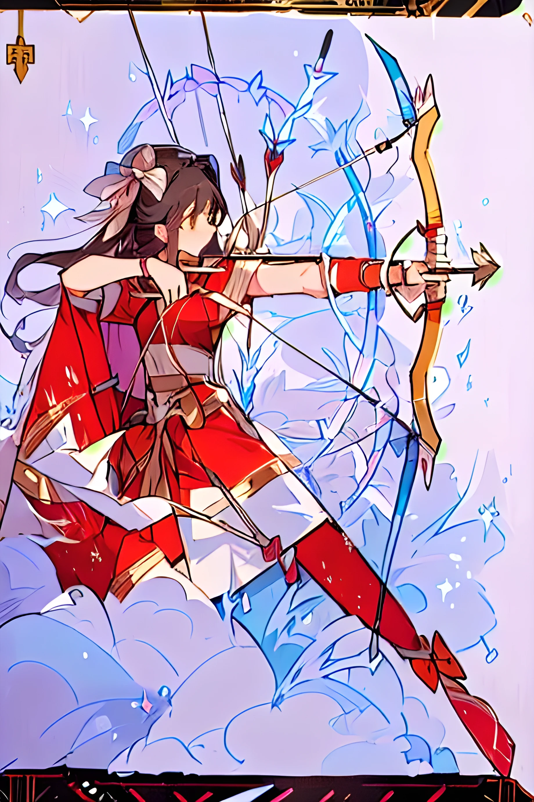 drawing of a woman with a bow and arrow in her hand, with bow and arrow, anime girl with a bow and arrow, bow and arrow, holding bow and arrow, wielding a bow, female archer, holding a bow and arrow, aiming a bow and arrow, colored sketch, inspired by Du Qiong, also known as artemis or selene, archer bow
