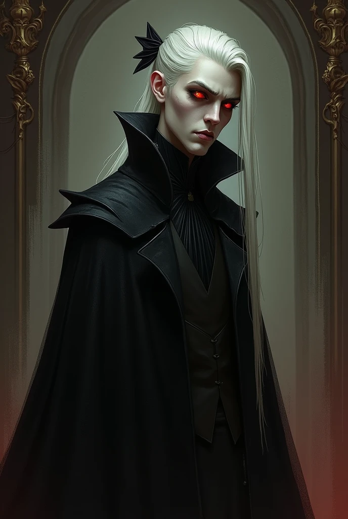 Appearance: Konstantin is a tall, skinny vampire, with long hair (It is tied up in a bow) and white that contrasts with her equally pale skin. His eyes are piercing red and slanted., which accentuates its aura of mystery and threat. He usually wears extravagant and dark clothes.. is a man. It is in a room with gothic decoration.