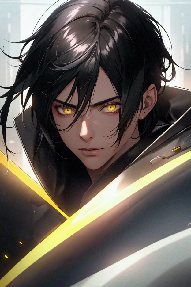 MAN, BLACK HAIR, SILVER HAIR, BLACK HAIR SHAPED, YELLOW eyes, 8k, super detail, best quality, high details, Rough, Shimmering, Ray Tracing Reflections, Lumen Reflections, Octane render, dramatic lighting