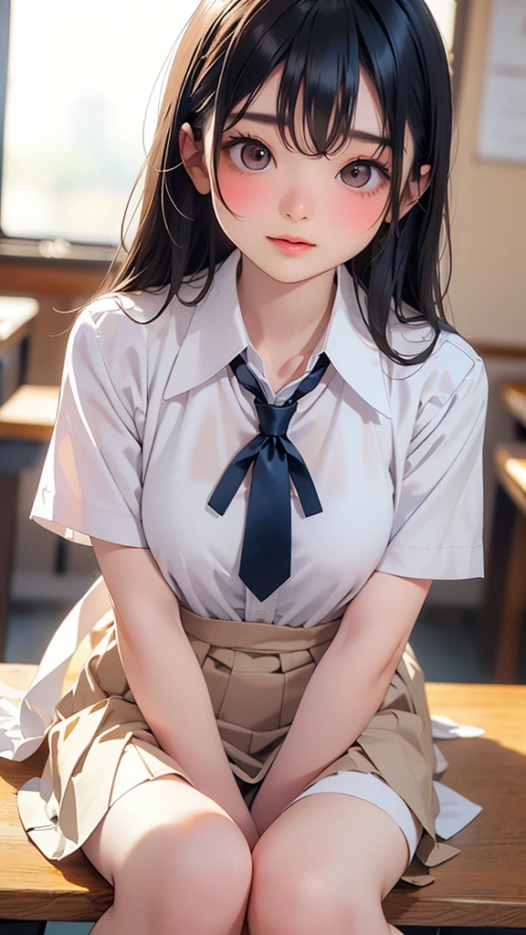 (Tabletop, Highest quality:1.2), 8k,LD, 85mm, Official Art, RAW Photos, Absurd, White dress shirt, Cute Face, close, Shooting from knee to overhead, beautiful girl,(Light brown eyes:1.3) , (Navy Pleated Skirt:1.1), ((Plump breasts)),((Squeeze the waist)), Thighs, Short sleeve, classroom,Black Hair, Long Hair,bangs,Sit on a desk,Gaze at the photographer,(light makeup:1.3), (smile:0.4), Film Grain, chromatic aberration, Sharp focus, Face Light, Bright lighting, , Detailed face, Background Blur, (Dark red tie:1.1)、日本の学校のclassroom、classroom,