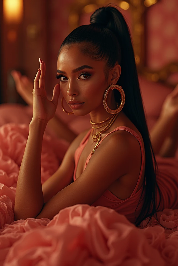 Ariana Grande laying in bed wearing her outfit in her “7 Rings” music video. She has a high ponytail, large hoop earrings, and high heels on.