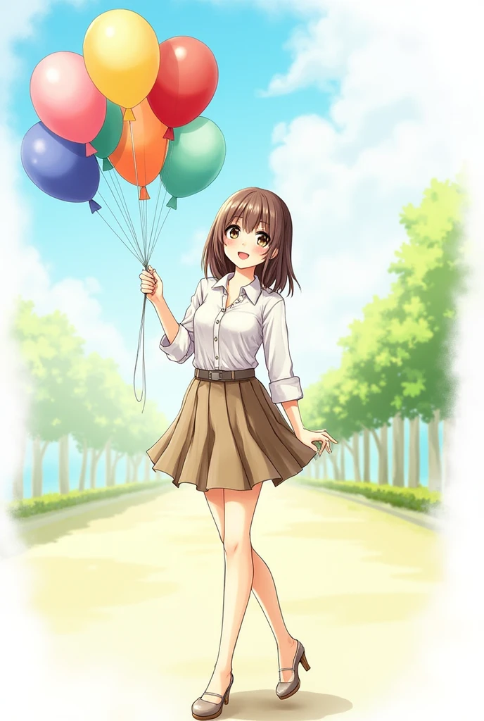 drawing of a brunette woman with straight brown hair wearing a skirt and blouse,with bag on side wearing high heels holding balloons