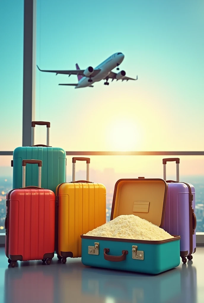 Create a background image for an airport billboard to promote gluten-free corn flours. Several suitcases, one of which contains an open display of flour and a plane taking off in the background