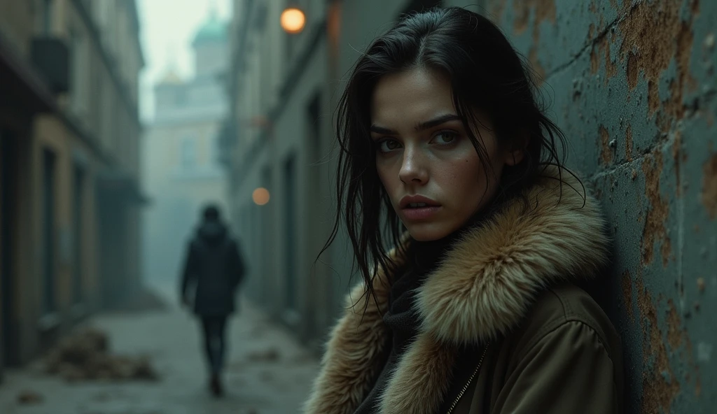 beautiful drug addict, in an old mink coat, in torn tights, Moscow