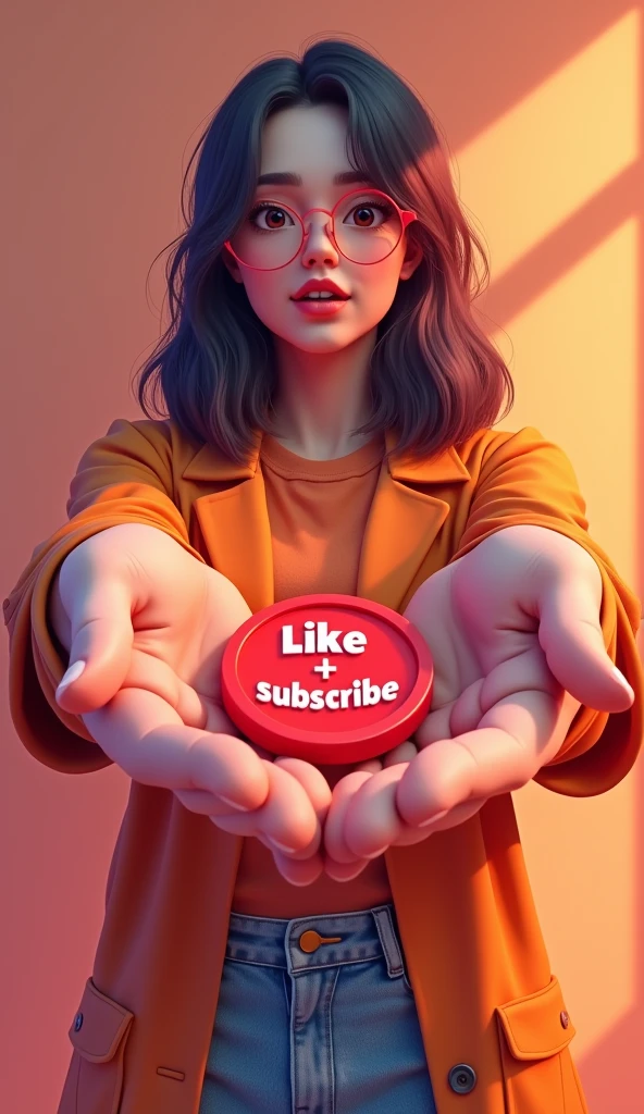 We need an image of a who is holding a red colored coin with both her hands and has written 'like' and 'subscribe' on it with a big character and has made a 'like' sign on it.