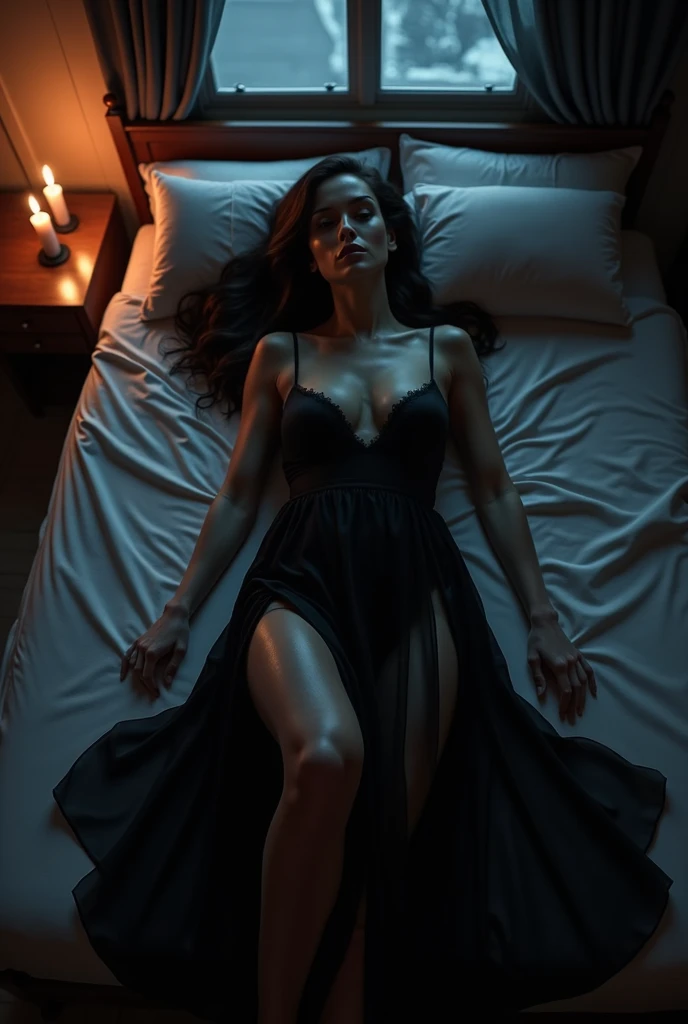 A Haunted hotel room,sexy girl,dark light,candles,  window,night time, Barbara palvin in black night dress, deep cleavage lying on bed,pov from above, serious face