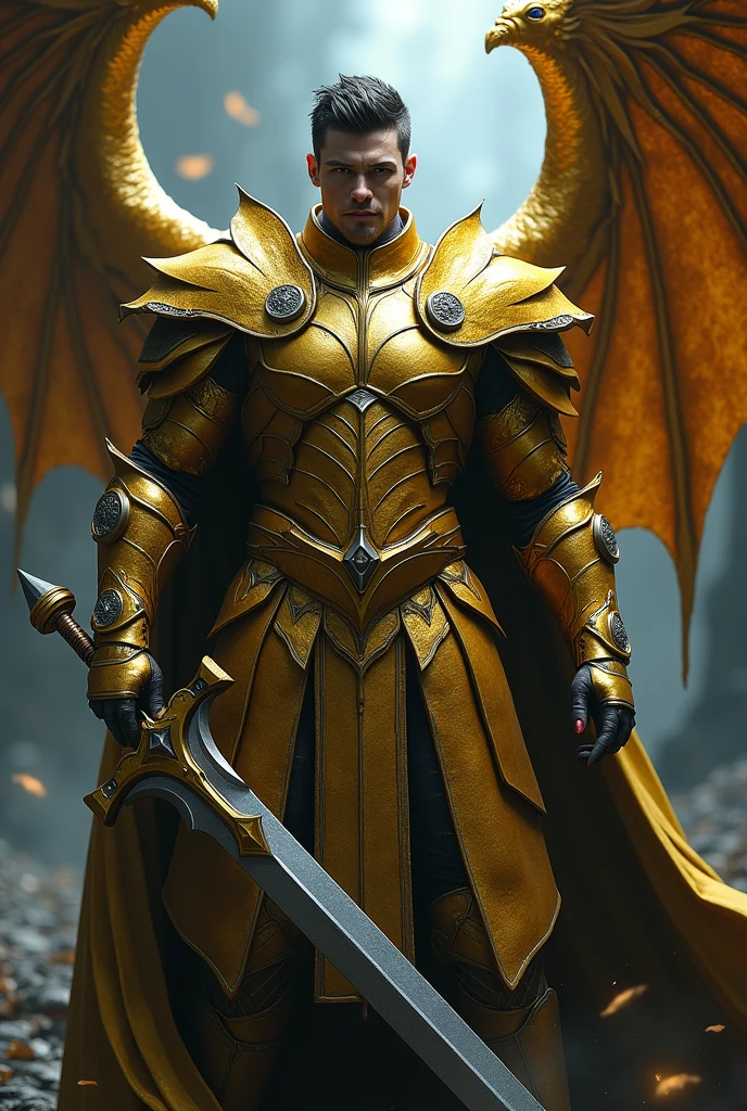 Make an image of a human with golden Capricorn armor,with the scalibur with the blessing of Athena and with dragon wings,grimdark,shorth hair,Red eye