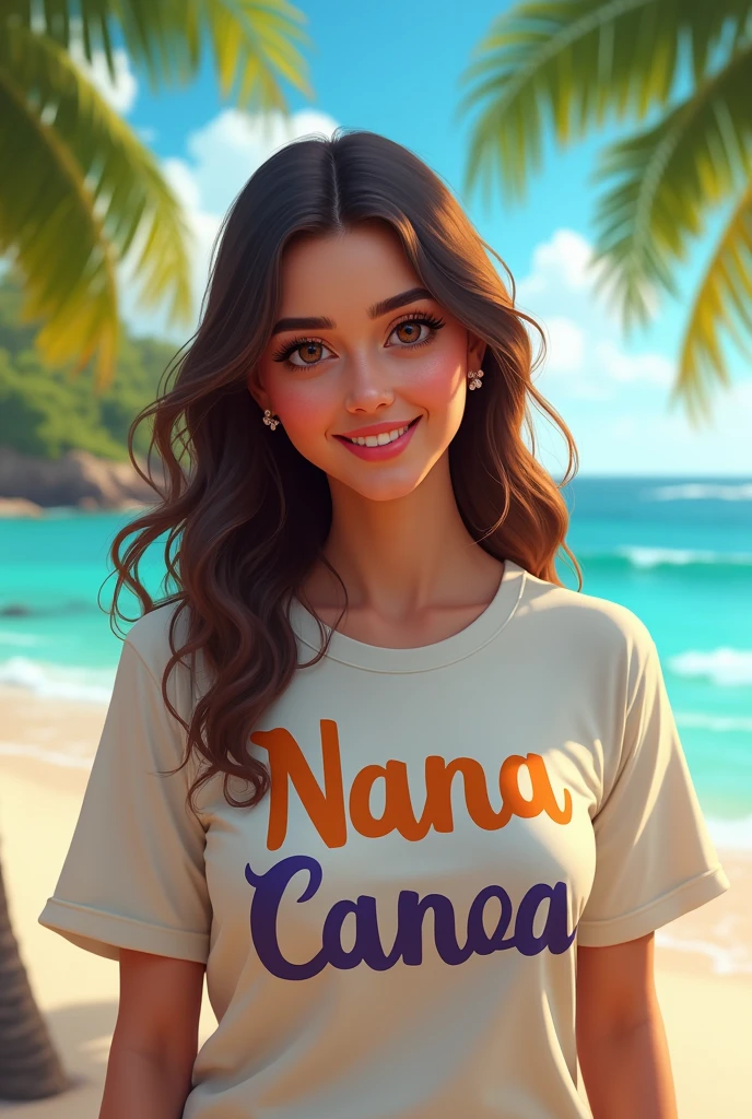 A woman with a shirt with the words Nana canoa written on it