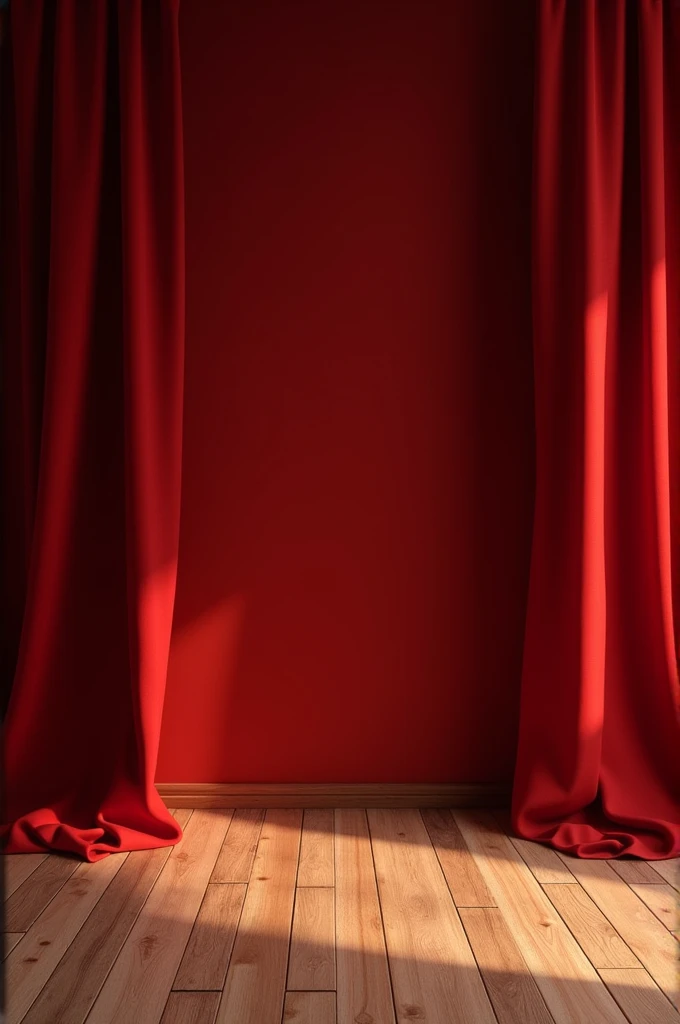 A wooden floor with a red curtain background