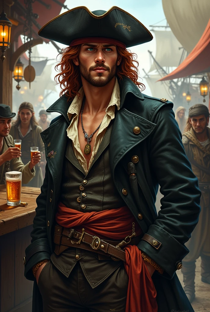 ((best quality)), ((masterpiece)), (detailed), A young pirate, full body DnD style. A young pirate in his thirties, with long, curly dark red hair, a light beard, and dark green eyes. He wears a black leather pirate trench coat with a light unbuttoned shirt and a damaged vest., on his head an old damaged black hat. Around his waist he wears a sash with a belt and two swords on top.. He is having fun drinking with a dreamy look together with other young sailors in the pub while in the background there are various ships of a pirate port.