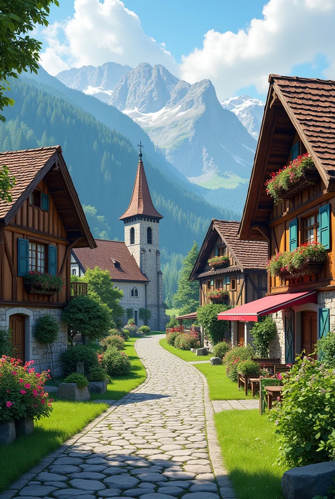 A realistic picture of a Swiss village typically features charming, picturesque scenes characterized by wooden chalets with sloping roofs, surrounded by lush green meadows and towering alpine mountains. The village streets are often lined with traditional stone or timber houses adorned with colorful flower boxes. Cobblestone pathways wind through the village, leading to a central square where a historic church or a quaint marketplace might be located. The atmosphere is peaceful and serene, with a strong sense of community and a deep connection to nature.