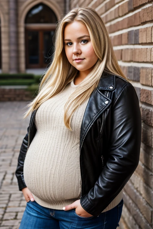 Medium view, of young aged, face portrait, Scandinavian features,long hair, very fat, chubby, blond hair, high quality, pretty, gorgeous, busty, curvy, fat, overweight, beautiful, black leather jacket over sweater, in cozy college courtyard,