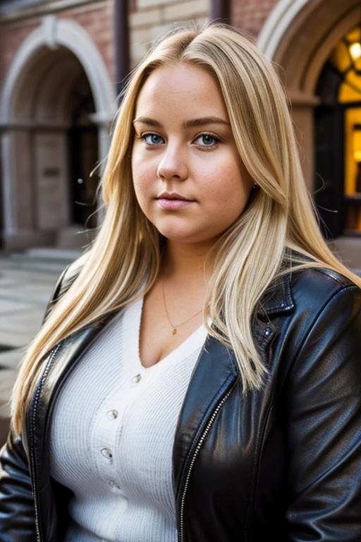 Medium view, of young aged, face portrait, Scandinavian features,long hair, very fat, chubby, blond hair, high quality, pretty, gorgeous, busty, curvy, fat, overweight, beautiful, black leather jacket over sweater, in cozy college courtyard,