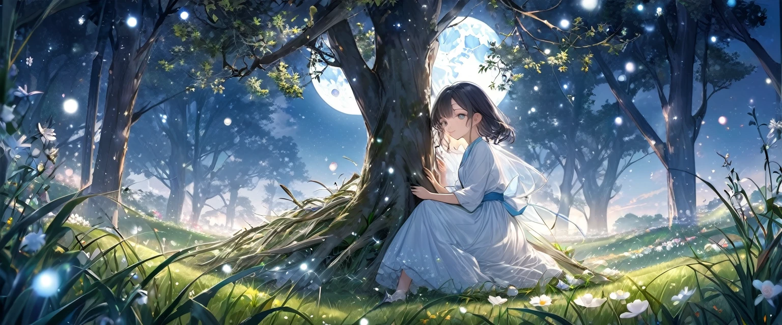 There is a girl in,Silvery white moonlight sprinkles on the ground,Crickets chirping everywhere。 The smell of night fills the air,Weaving into a soft web,Cover all the scenery inside。 The only thing that comes into contact with the eyes is the soft net covering the,Benevolence is grass,Kindness is a tree,It's not as realistic as daytime,They all have a sense of ambiguity、Ethereal colors,Each one has hidden subtleties,Keep everything confidential,Makes you feel like a dream。