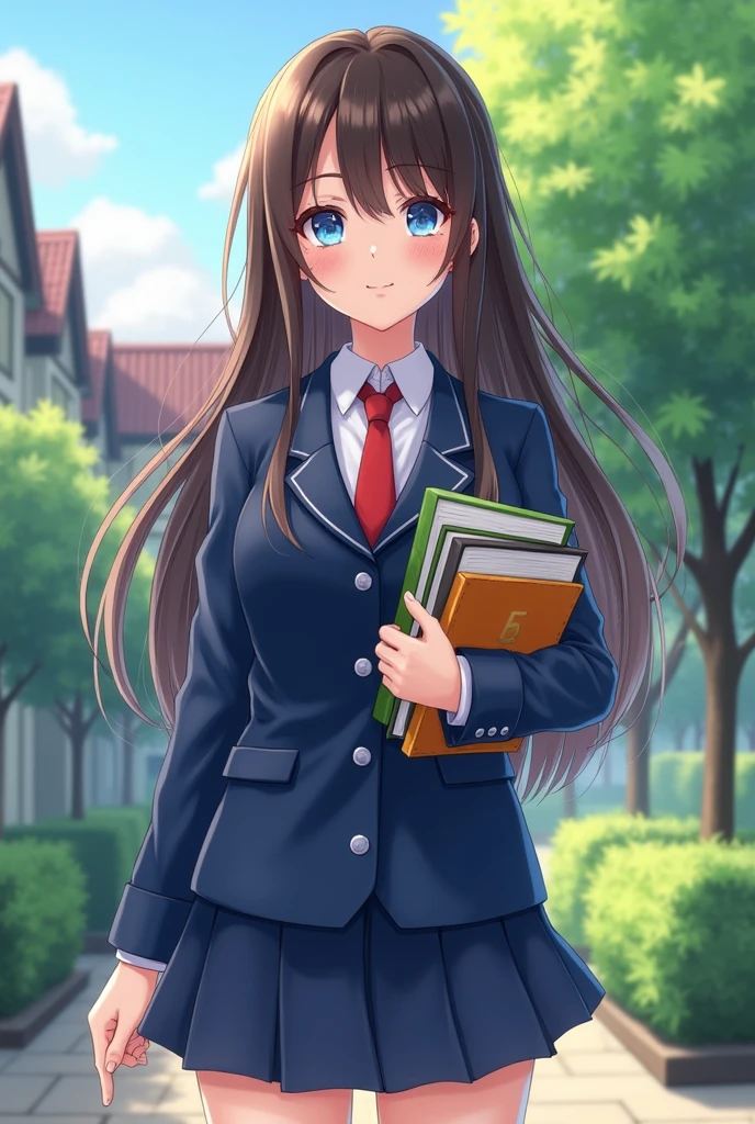 Image, a female with long dark brown hair, very blue eyes, linda, super feminine, with freckles, dressed in a blue and red tie uniform, Blue blazer, blue skirt, in the school yard, holding some books