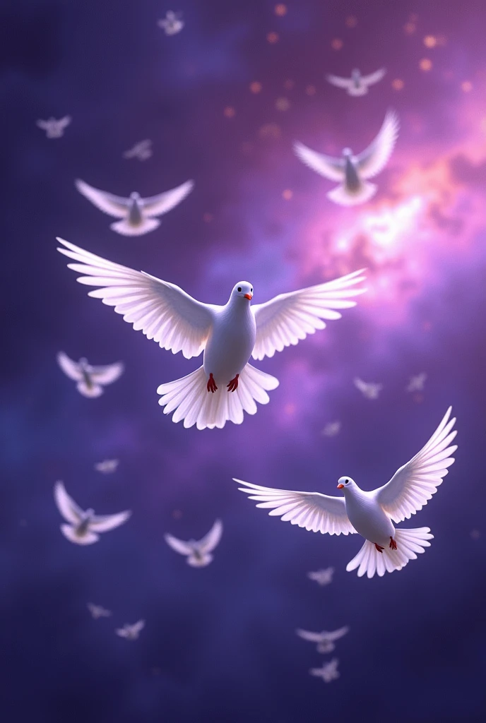 White doves flying in the dark purple sky
