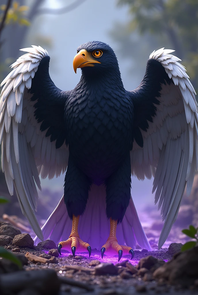 Golden and Black Billed Hawk, black body, on the ground with debris from nature, white wings open, purple power