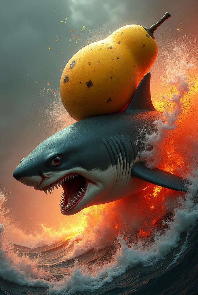 A WWII mango on top of a shark surfing a lava tsunami attacking a skibidi toilet