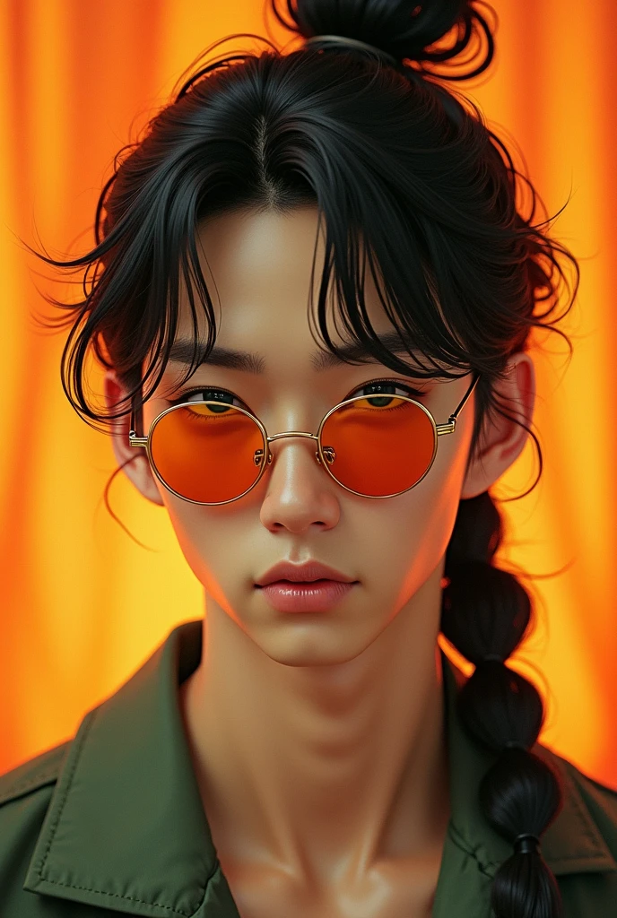 (photorealism:1.2), Japanese young man, clean shaved face, has mullet shaggy hair tied in French braid, half lidded green eyes, wearing orange sunglasses, has aquiline nose, has sharp jawline, facing camera, masculine body, relaxed pose, realistic, intricate details, warm colors, by Greg Rutkowski, by Alphonse Mucha