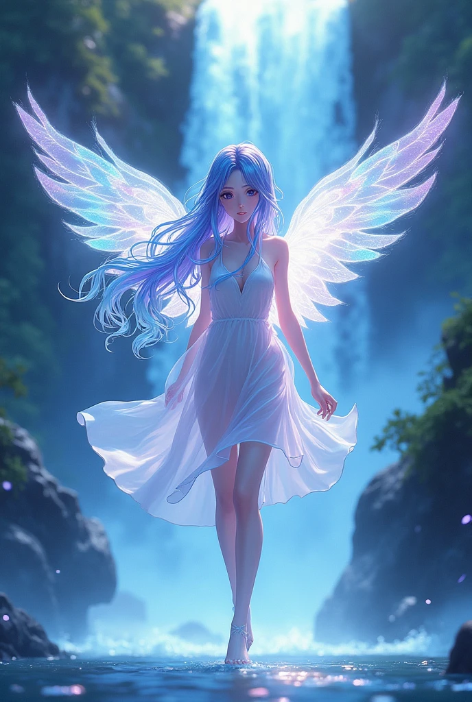 An elegant anime girl with luminescent, flowing hair in shades of blue and purple, resembling water itself, emerges from a waterfall. Her dress is crafted from the mist that surrounds her, and delicate, translucent wings sprout from her back. She enchants the surroundings, bringing a sense of serenity and magical allure.