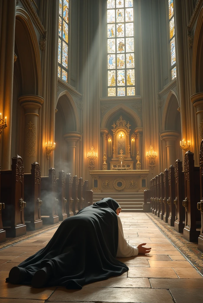 A catholic nun lay on the floor prostrate worship of a grand church chapel infront of the holy eucharist in worship and honor