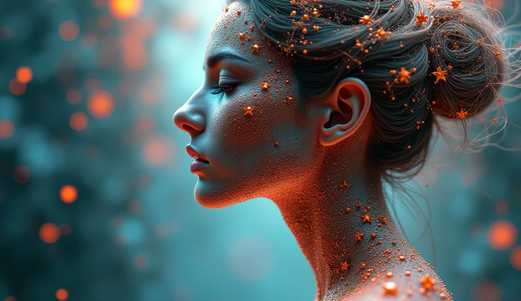 A digital artwork of a female figure composed of intricate geometric lattice structures, molecular formations, and crystalline interference patterns. The artwork is a blend of 3D render, painting, and conceptual art. The feminine figure's silhouette is a complex amalgamation of various crystallographies, including diamond lattices, DNA double helix spiral motifs, and quasicrystal fractal ornaments. Her "molecular skin" reveals minute details of Van der Waals forces, covalent bonds, and atomic extensions of different elements, with areas transforming and metamorphosing continuously. The entire realm is infused with a dynamic force field of Miller indices, Bragg planes, and scattering vectors.