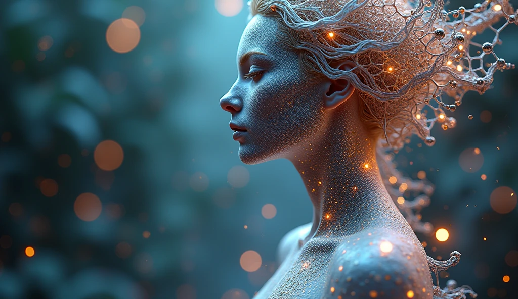 A digital artwork of a female figure composed of intricate geometric lattice structures, molecular formations, and crystalline interference patterns. The artwork is a blend of 3D render, painting, and conceptual art. The feminine figure's silhouette is a complex amalgamation of various crystallographies, including diamond lattices, DNA double helix spiral motifs, and quasicrystal fractal ornaments. Her "molecular skin" reveals minute details of Van der Waals forces, covalent bonds, and atomic extensions of different elements, with areas transforming and metamorphosing continuously. The entire realm is infused with a dynamic force field of Miller indices, Bragg planes, and scattering vectors.