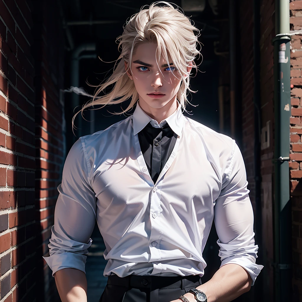 -Create 1 boy -He wears a formal white shirt -Formal black pants -He has tattoos on his arms -He wears a watch on his left hand -He has medium-long hair, that fall disheveled waves -Has broad shoulders -Has a slim body -Has a muscular body -Silver blonde hair -His skin tone is pale -Bright blue eyes -Smoke coming out of his mouth -His personality should convey sadness and loneliness -Penetrating gaze -Attractive face -Marked and thin jaw -With a background of a dark abandoned alley 


