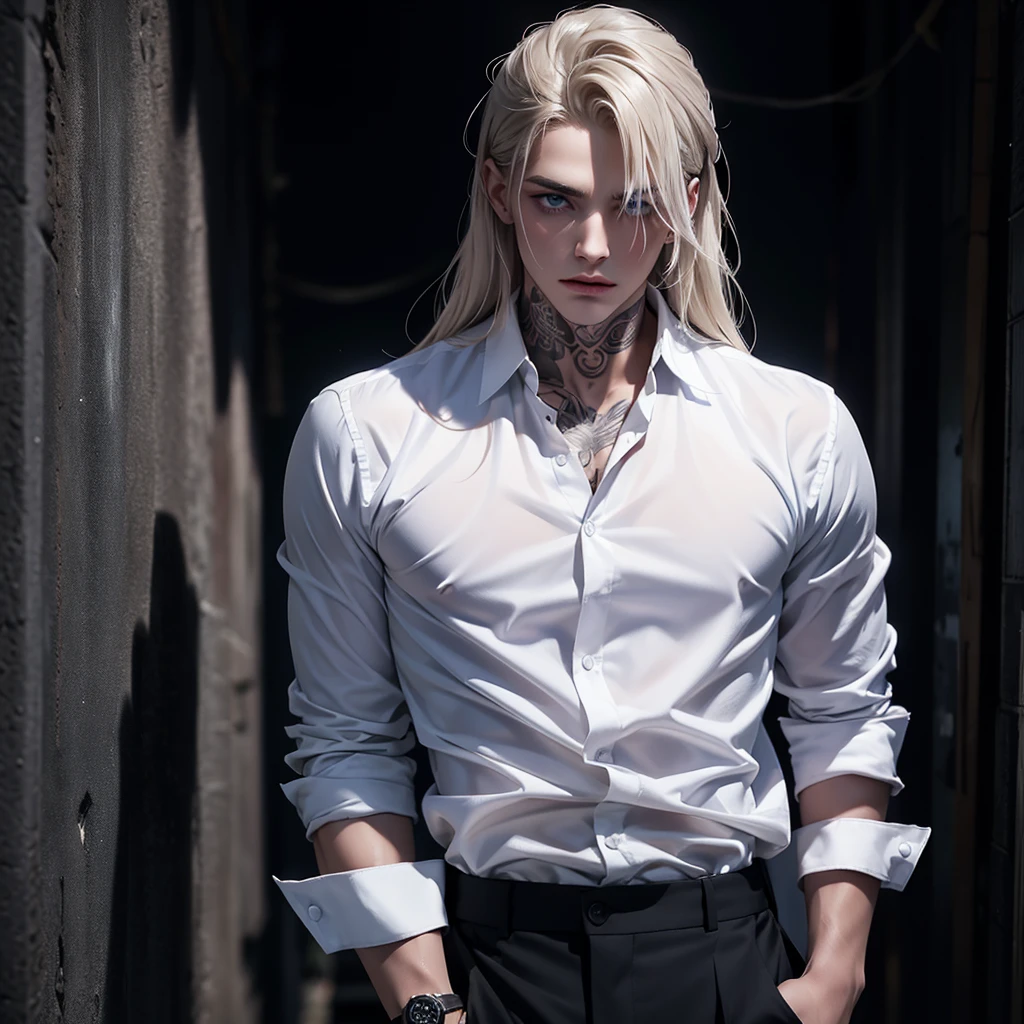 -Create 1 boy -He wears a formal white shirt -Formal black pants -He has tattoos on his arms -He wears a watch on his left hand -He has medium-long hair, that fall disheveled waves -Has broad shoulders -Has a slim body -Has a muscular body -Silver blonde hair -His skin tone is pale -Bright blue eyes -Smoke coming out of his mouth -His personality should convey sadness and loneliness -Penetrating gaze -Attractive face -Marked and thin jaw -With a background of a dark abandoned alley