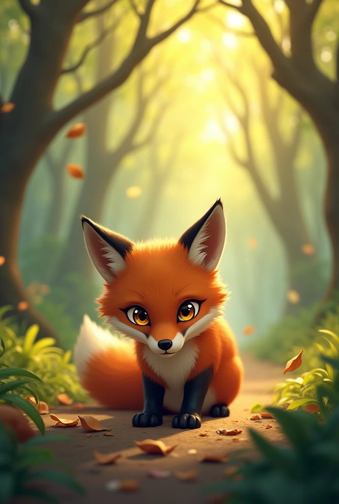 A brown fox getting ready to hunt,Preparing for hunting,Background morning forest,Cute realistic style