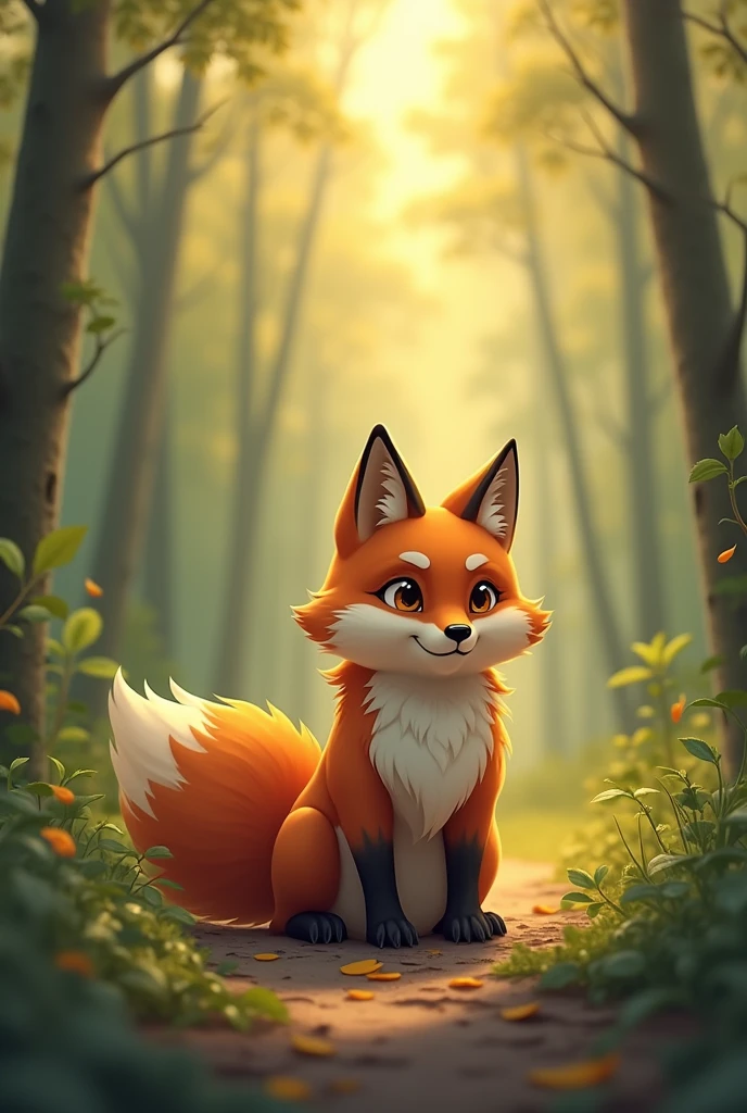 A brown fox getting ready to hunt,Preparing for hunting,Background morning forest,Cute realistic style