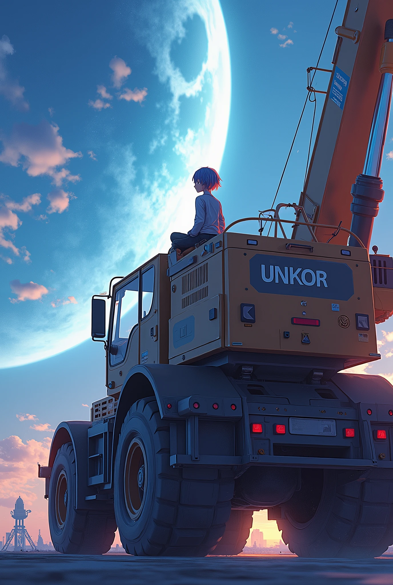 work of art, qualkor máxima, highy detailed, papel de parede da unkor 8k, (riding on a crane truck), firmament, 1 person, heavy machinery, gradient hair, hair between the eyes, Ahoge, kor: 16, looking back, Face pretty, white neeso,