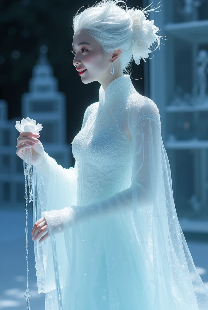 (ice - carving:1.4),Movie Angle,(Fan Bingbing,  ice sculpture girl,Anatomically correct,full bodyesbian,Masterpiece ice sculpture camellia,Representative work Hanfu,Smile),sexy
