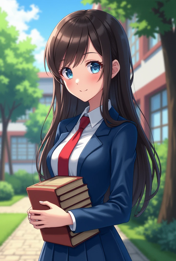 Image, a  female with long dark brown hair, very blue eyes, linda, super feminine, with freckles, dressed in a blue and red tie uniform, Blue blazer, blue skirt, in the school yard, holding some books
