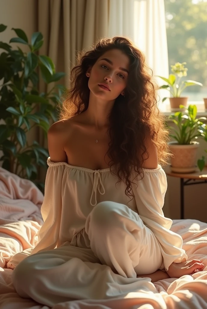 (photorealism:1.2), beautiful woman, sitting on bed, wearing loose off-shoulder top, pajama pants, long curly hair, indoors, soft lighting, plants in background, window with sunlight, cozy room, relaxed pose, realistic, intricate details, warm colors, by Greg Rutkowski, by Alphonse Mucha