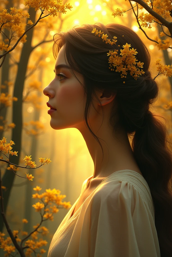 Book cover, Golden forest background with woman's profile turning her back, Short arbutus