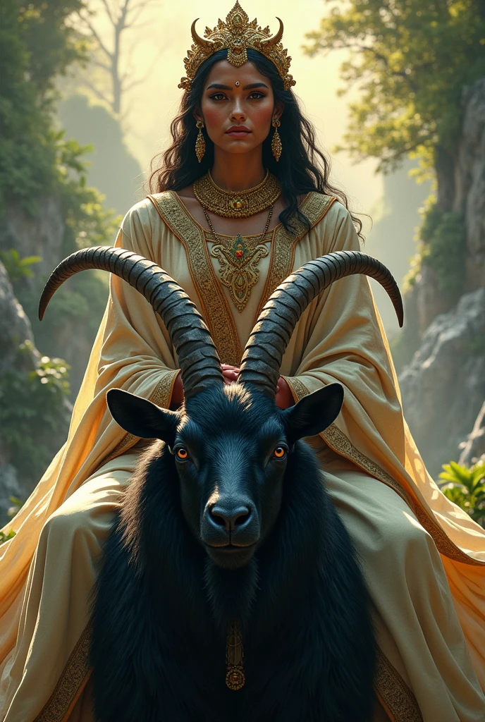 Meldi maa seeting on a male black goat
