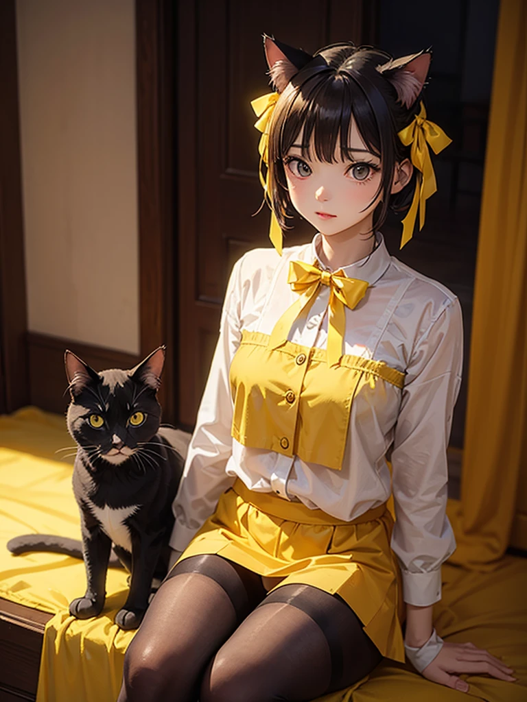 Cat with yellow ribbon