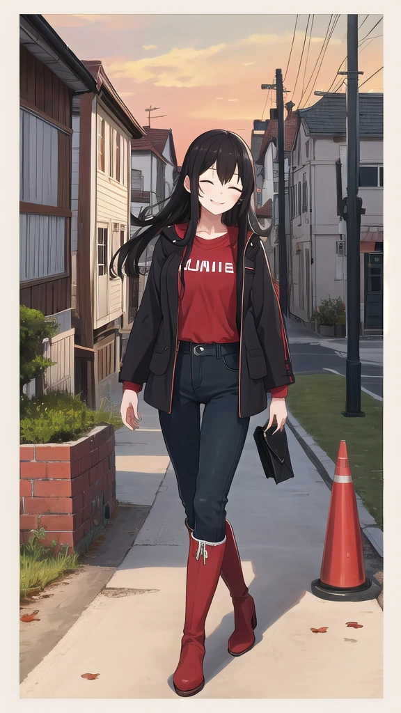 Young woman, high, god, black hair, close eyes, smile, solo, One, costs, field, sunset, checkered shirt, Red shirt, pants, red knee-high boots, looking at the viewer, 8k, red boots, tapes, lamppost, super rear view, ultra quality, home, jewelry, leather boots, knee high boots, slender girl, walking,