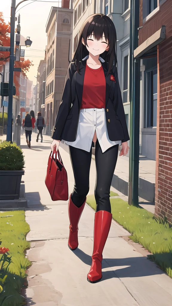 Young woman, high, god, black hair, close eyes, smile, solo, One, costs, field, sunset, checkered shirt, Red shirt, pants, red knee-high boots, looking at the viewer, 8k, red boots, tapes, lamppost, super rear view, ultra quality, home, jewelry, leather boots, knee high boots, slender girl, walking,