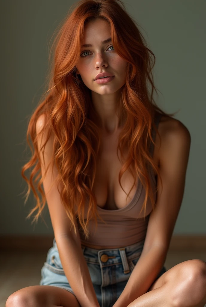 Create an image of the same stunning 20-year-old woman with long chestnut-red hair. She has a mixed heritage of Latin American and European roots, reflected in her warm, lightly tanned skin. Her figure is an hourglass shape, with a slim waist, well-defined hips, and a toned, athletic build. she sits on the floor and sucks a big dildo penis