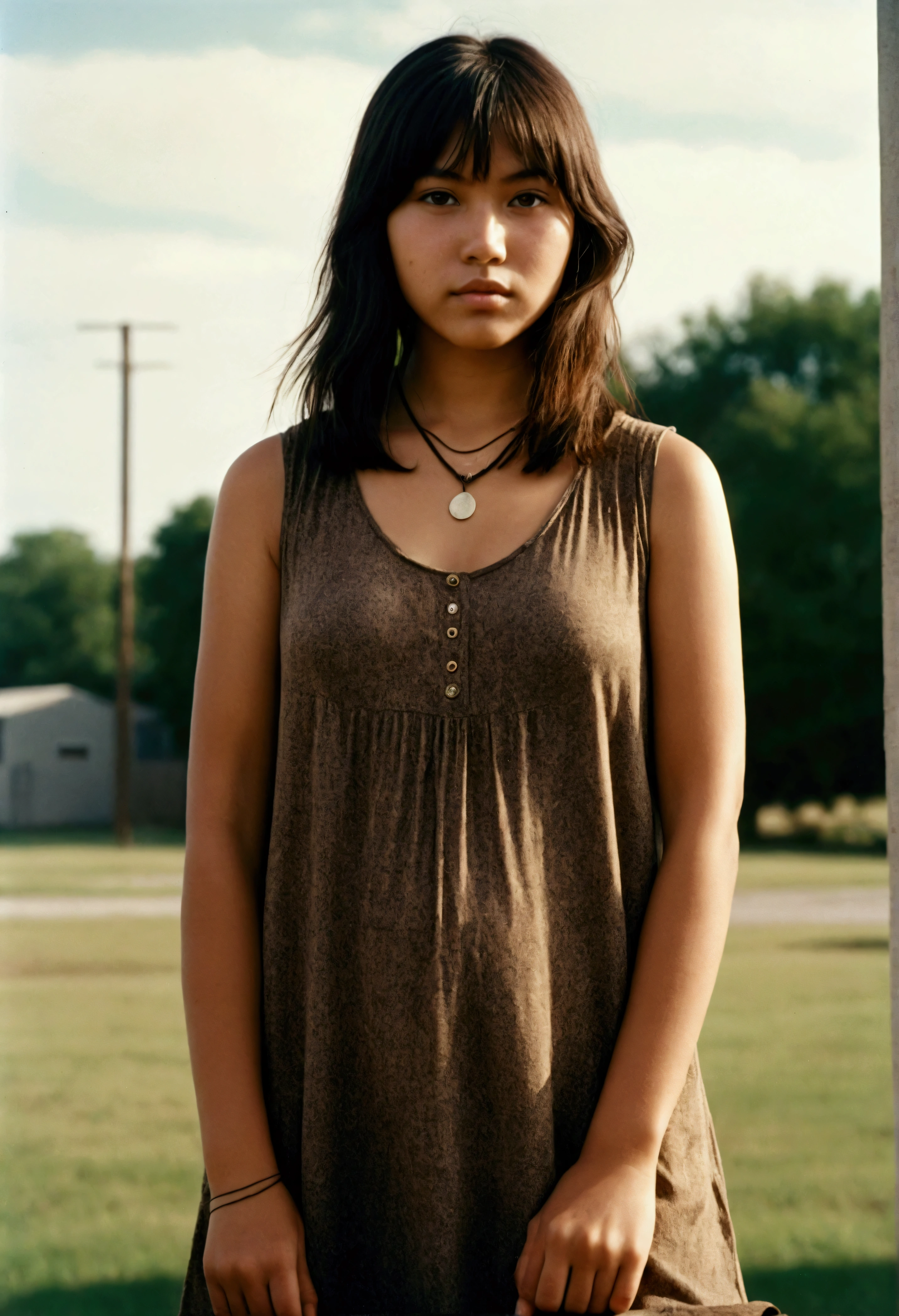 analog film photograph, photo of a modern Sioux woman, 18-years-old, long, amazonian stature, athletic hourglass figure, busty breasts, narrow waist, full wide hips, big round buttocks, wearing a loose tunic dress, tan complexion, amber eyes, dark hair, thick shaggy bangs, posing on a pedestal, RAW Photograph, dslr, soft lighting, high quality, film grain, Fujifilm XT3, detailed skin with visible pores, insane details, masterpiece, 8k, 35mm photograph, dslr, kodachrome, faded film, desaturated, grainy, vintage, Lomography, stained, highly detailed, found footage