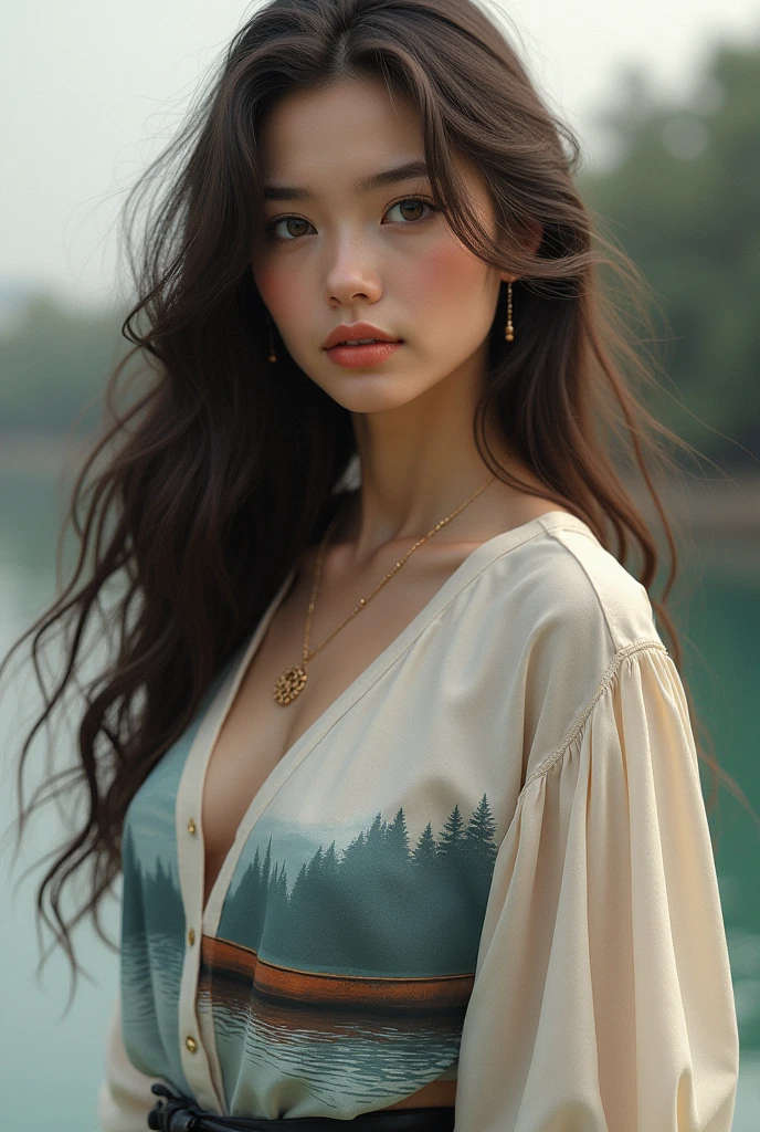 A beautiful woman with a shirt and on the shirt the print Nana canoe