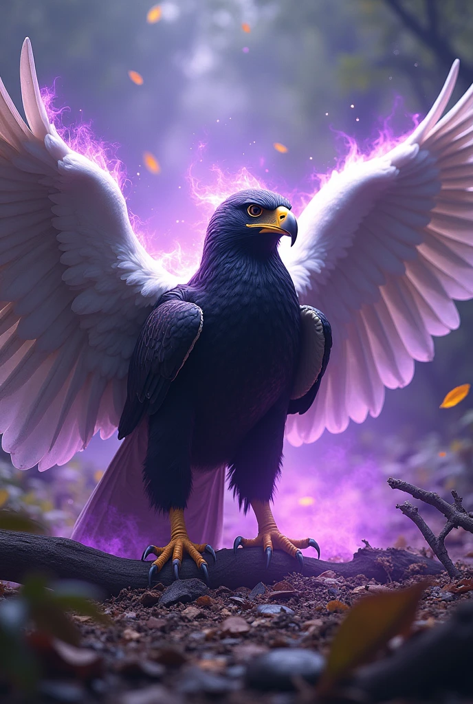 Golden and Black Billed Hawk, black body, on the ground with debris from nature, huge white wings open, purple power